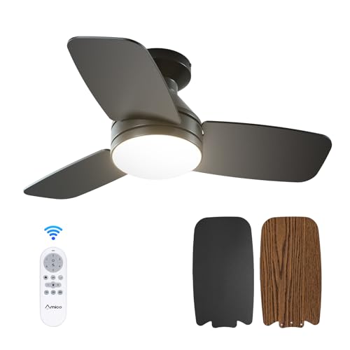 Amico Ceiling Fans with Lights, 30 inch Low Profile Ceiling fan with Light and Remote Control, Flush Mount, Reversible, 3CCT, Dimmable, Noiseless, Black Ceiling Fan for Bedroom, Indoor/Outdoor Use by Amico - Used condition - US$47.46
