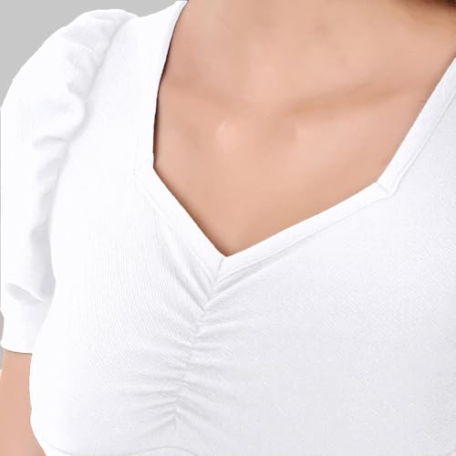 Image of Sweetheart Neck Ruched Front Puff Sleeve /Half Sleeve Streachable Solid /Plain Slim Fit Crop top for Women | Women's Slim FIT Crop TOP | Tops for Women