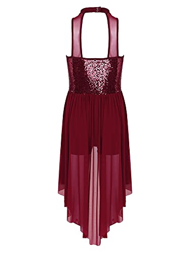 Foto von iEFiEL Damen Glitzer Ballettkleid Pailletten Ballettkleidung Ballett Trikot Swing Kleid Latein Tanzkleid mit Unregelmäßig Rock Leotards Trikot Kleider X Burgundy M