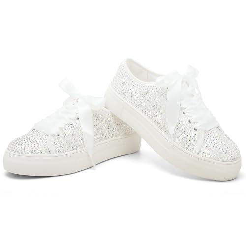 Elivandon 9995 Wedding Shoes Lace Bridal Sneakers 1.46" Platform Bride Tennis Shoes Sparkling Rhinestone Wedding Sneakers2