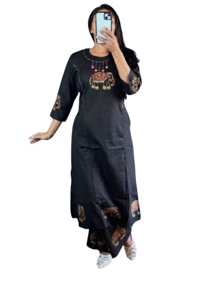 Cotton Embroidered Anarkali Kurta for Women, Black with Elephant Design, Full Sleeve Round Neck, Thread Embroidery, Summer Casual Wear-image-26