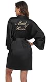 goodmansam Women's Satin Kimono Robe Soft Bride Bridesmaid Sleepwear Short Wedding Party Bridal Robes Getting Ready BLACK Maid of Honor