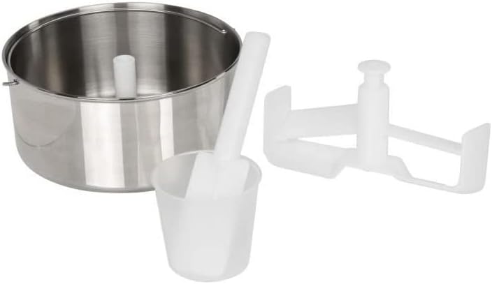 Boretti B101 Ice Cream Machine components: mixing bowl, paddle, and measuring cup