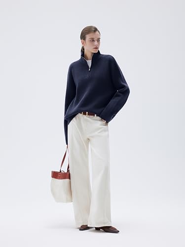 Image of SUUKSESS Women Cashmere Blend Oversized Quarter Zip Pullover Sweater Long Sleeve Collared Ribbed Knit Jumper Tops
