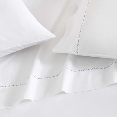 Image of Martha Stewart - Full Size Sheets Set, Crisp & Tailored Cooling Sheets with a Smooth Cotton Percale Lightweight Feel - Bed Sheets with Matching Pillowcases & Fitted Sheet (Lilly Pond Leaf Blue)
