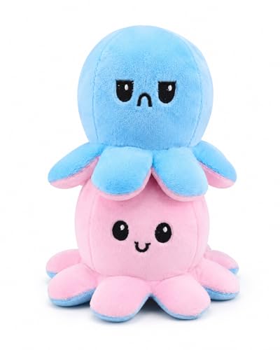 Image of Reversible Octopus Plush Toy 18 cm | Flip Mood Soft Toy | Double-Sided Happy & Angry Expression | Super Soft Stuffed Animal Plushie | Cute Kids Gift, Stress Relief Toy, Home Decor (Pink /Blue)