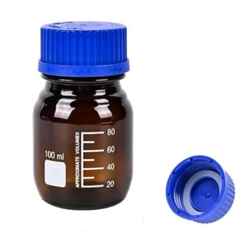 QOAEZK 100ml Amber Reagent Media Bottle, Graduated Glass Round Media Storage Bottle with blue GL45 Screw Cap, Wide Mouth Lab Reagent Bottle,Pack of 1