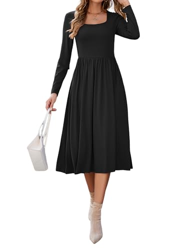 Newshows Women's 2024 Fall Winter Square Neck Long Sleeve Knit A Line Midi Dress Work Business Casual Outfits with Pockets(Black,M)