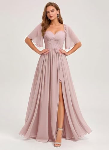 Women's Chiffon Bridesmaid Dresses V Neck Flutter Sleeve Pleated A Line Long Formal Evening Gowns with Slit ﻿2