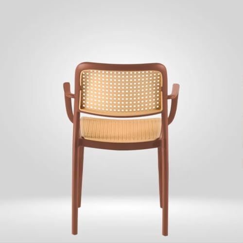 Image of Creative Cafe Chair Set with Stylish Woven Backrest and Comfortable Arm Design - Perfect for Cafeterias, Restaurants, Coffee Shops, and Indoor Dining Spaces (Pack of 4) (Brown)
