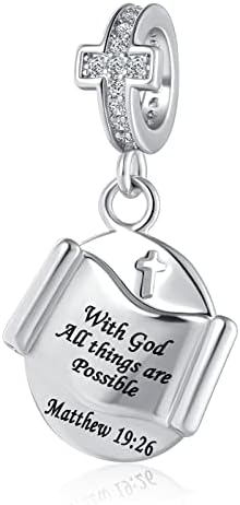 QeenseKc Cross Charm with God All Things are Possible Religious Dangle Bead Fits Pandora Bracelets