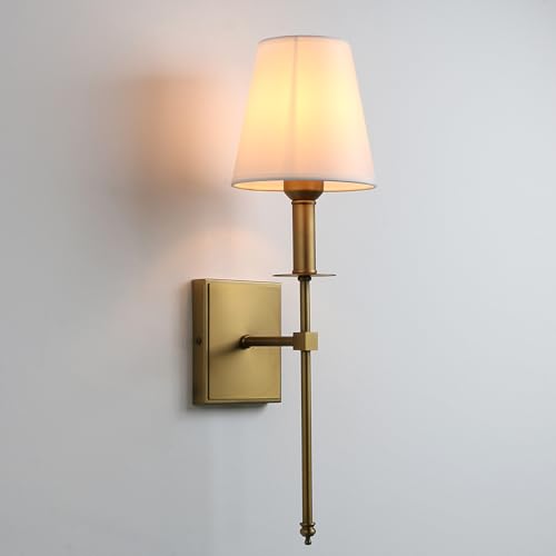 PERMO Single Classic Rustic Industrial Wall Sconce Lighting Fixture with Flared White Textile Lamp Shade and Antique Brass Tapered Column Stand, Hardwired, E26 Base by PERMO - Used condition - Image 9