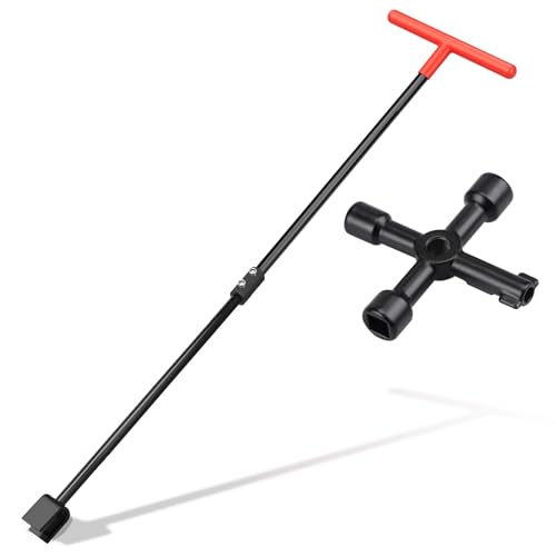 Manalete Water Meter Key 32 Inch with 4-Way Utility Key Steel T-Handle Water Meter Key Shut Off Tool for Curb Main Water Shut off Valve