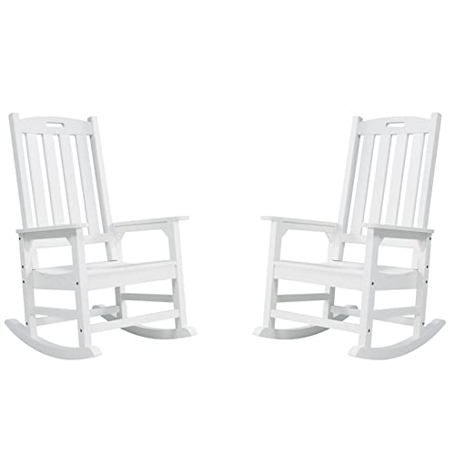 Psilvam Patio Rocking Chairs Set Of 2, Poly Lumber Porch Rocker With High Back, 350Lbs Support Rocking Chairs For Both Outdoor And Indoor, Poly Rocker Chair Looks Like Real Wood (2, White) #TOP24