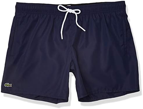 Lacoste Men's Standard Solid Elastic Waist Swim Trunks, Navy Blue/Black, L