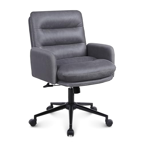 Youhauchair Adjustable Home Office Chair, Modern Mid Back Computer Desk Chair with Wheels, Ergonomic Upholstered Swivel Chair, Dark Grey