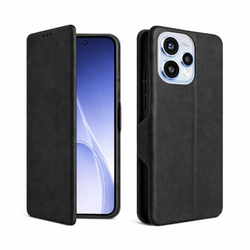 Image of Vegan Leather Wallet Case for Oppo Reno 15 5G, Premium PU Flip Cover with Card Slot, Magnetic Closure, Kickstand, Slim Durable Design, Privacy Protection - Black