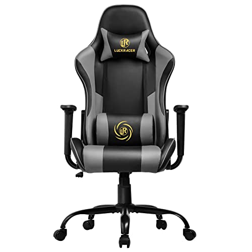 LUCKRACER Gaming Stuhl Bürostuhl Gamer Ergonomischer Stuhl die erneuerten befestigten stabileren Armlehnen Einteiliger Stahlrahmen Grau Cover
