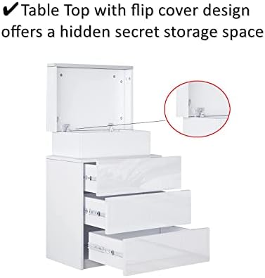 White Bedside Table with LED Light Nightstand High Gloss Bedside Cabinet Unit with 3 Drawers & Flip Cover for Bedroom Living Room
