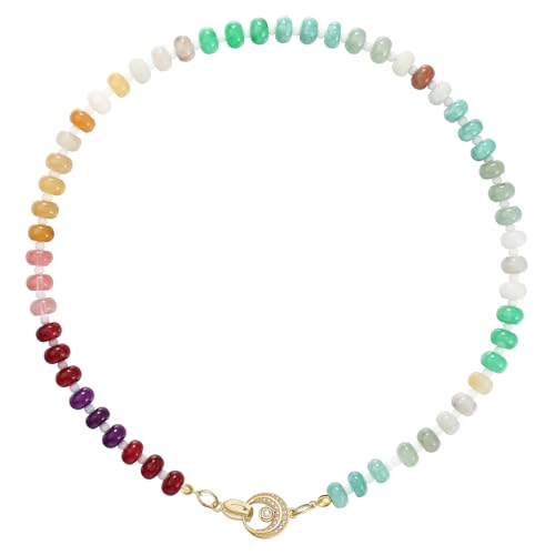 Colorful Boho Beaded Necklace for Women, Multilayer Gemstone Choker Jewelry, 18K Gold Plated Natural Stone Beach Surfer Necklace