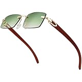 Dollger Rimless Rectangle Sunglasses for Men Women Hip-hop Plastic Imitation Woodgrain Legs Small Square Sunglasses Colorful Fashion Frameless 70s 90s Shades (Imitation Wood-Gold Frames/Green Lens)