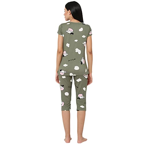 Image of Sweet Dreams Women Printed Round Neck Half Sleeve Poly Brush Top & Capri Set