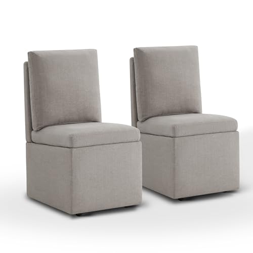 Upholstered Dining Chair with Casters Armless Modern Rolling Design for Diningroom Bedroom Livingroom Reading Room, Set of 2,Beige Gray