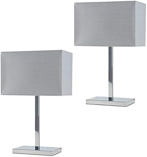 Pair of - Modern Polished Chrome Square Tube Table Lamps with a Grey Rectangular Shade