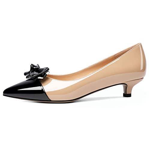Soireelady Kitten Heels for Women Pointed Toe Low Heel Pumps Slip on Bow Heels 1.5 Inches Two Toned Evening Bride Wedding Party Dress Shoes2