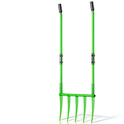 YOWPSY 56'' Heavy Duty Broadfork for All the Soils, Unbreakable Pitchfork, 5 Sharp Cambered 11'' Tines Bord Fork Garden Tool, Ergonomic Handles, Good Package, Easy Assembly, Cultivator & Tiller，Green.