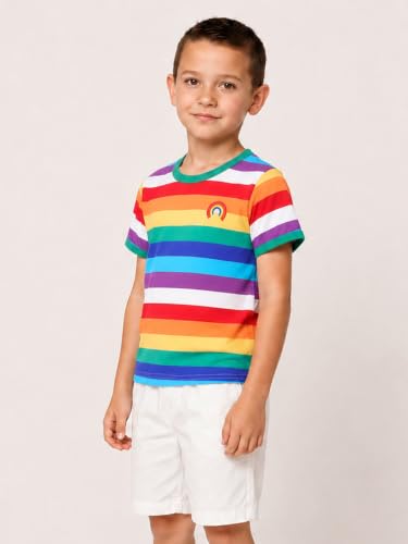 Image of LittleSpring Boys Girls T Shirt Rainbow Striped Cotton Crewneck Tees for Kids Fashion
