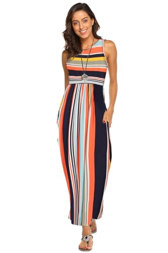BDTECAOR Damen Sommer Casual Einfarbig Ärmellose Lockere Strandkleid Maxi Kleid mit Taschen Mehrfarbige Streifen L 4