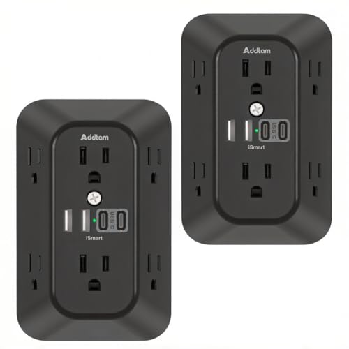 Image of Addtam 6-Outlet Extender Surge Protector, Multi Plug Wall Outlet with 4 USB Wall Charger(2 USB C Ports), Plug Extension Outlet with 1800J, Outlet Splitter Power Strip for Home Office, 2 Pack, Black