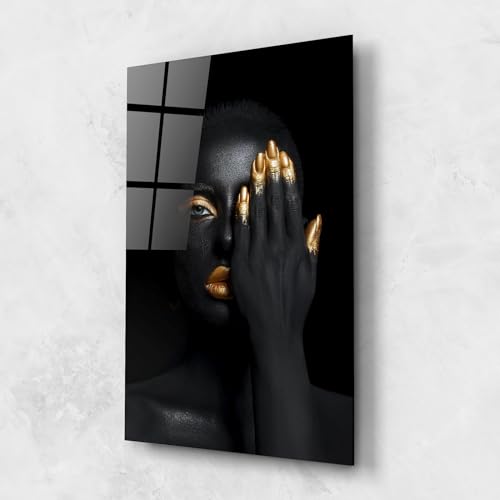 ARTHUB® Quadro in vetro 60x80 cm, 4mm temperato | Quadri moderni in vetro per soggiorno e camera da letto, decorazione da parete, arredamento d'interni, Donne, Gold Makeup Chain