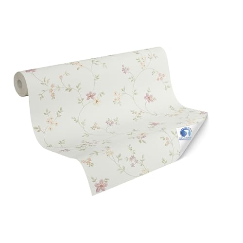 Livingwalls Papier peint DESIGNDROP - papier peint intissé préencollé fleuri en crème, vert, rose - 10,05m x 0,53m - papier peint fleuri pour salon - 784551