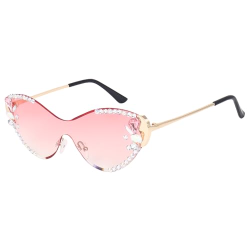 Image of Dervin Cat Eye Sunglasses for Women - UV400 Protection, Rimless Flower Diamond-Cut Lens, Trendy Driving Shades for Women