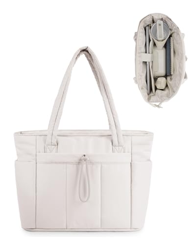 Handtasche Damen Tote Bag 20L Groß Gesteppt Shopper Tasche mit Laptopfach (15,6 Zoll) & Getränkehalter (40oz/1.18L), Ideal für Büro Schule Reisen Shopping, Cremeweiß (Patent Angemeldet)