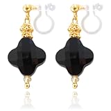 [R-days代官山] 天然石 ブラックオニキス クアトロフィオリ ノンホールピアス イヤリング オニキス レディース シンプル 樹脂 金属アレルギー対応 揺れる ゴールド ブラック プレゼント 日本製 （ノンホールピアス）