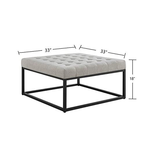 24Kf Middle Century Upholstered Tufted Coffee Table With Linen Padded Seat, Large Square Ottoman With Black Metal Frame -Linen #TOP1