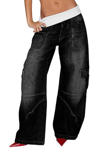 Famnbro Womens Barrel Cargo Jeans Y2k Elastic Patchwork High Waisted Straight Wide Leg Boyfriend Denim Pants