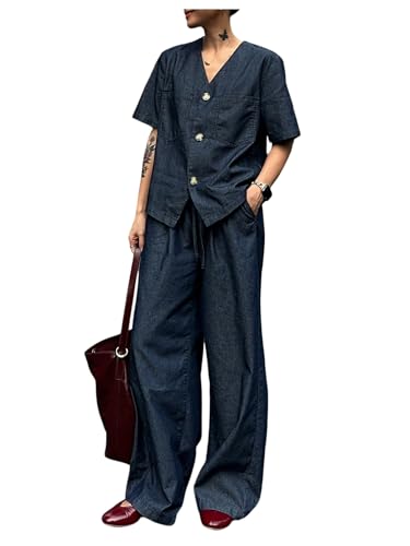 WDIRARA Women's 2 Piece Denim Outfits V Neck Button Down Shirt Wide Leg Pants Set
