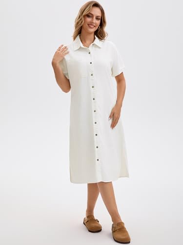 Image of Women's Midi Denim Dress Summer Short Sleeve Button Down Casual Loose Long Tunic Jean Shirt Dress