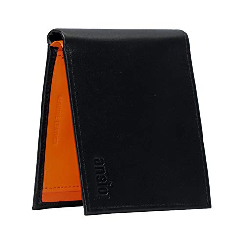 ANSIO Carteras para Hombre, Cartera de Cuero, Tarjetero Plegable, Carteras para Hombres con Bolsillo para Monedas, Cartera de Cuero Genuino con Caja de Regalo, Negro y Naranja, Standard