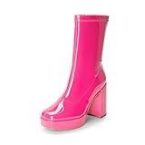 DREAM PAIRS Women's Mid Calf Gogo Boots Platform High Chunky Block Heel Square Toe Ankle Boots,Size 7,HOT PINK-PAT,SDMB2410W