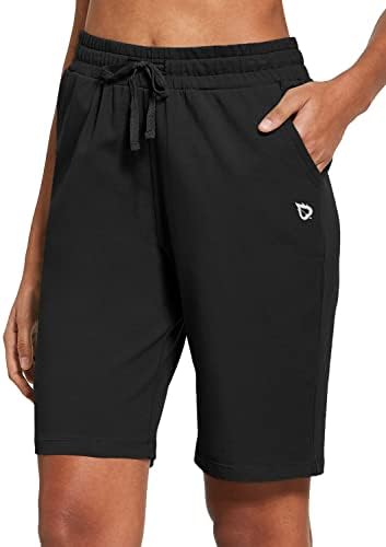 BALEAF Women's 10" Bermuda Shorts Long Cotton Casual Summer Knee Length Pull On Lounge Walking Exercise Shorts with Pockets Black Size S