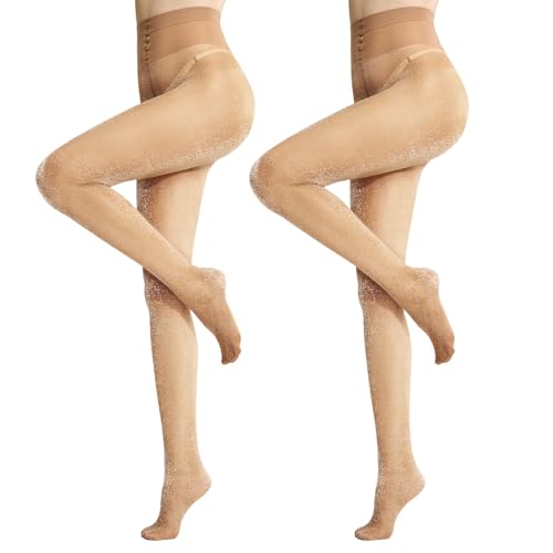 MANZI 2 Pairs Sparkly Tights for Women 20D Ultra Soft Sheer Shimmer Pantyhose High Waist Shiny Nylon Stockings(Natural Nude S-M)