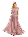 Ever Pretty Abendkleider Lang V Ausschnitt Brautjungfernkleider Chiffon für Hochzeit Staubige Rose 50