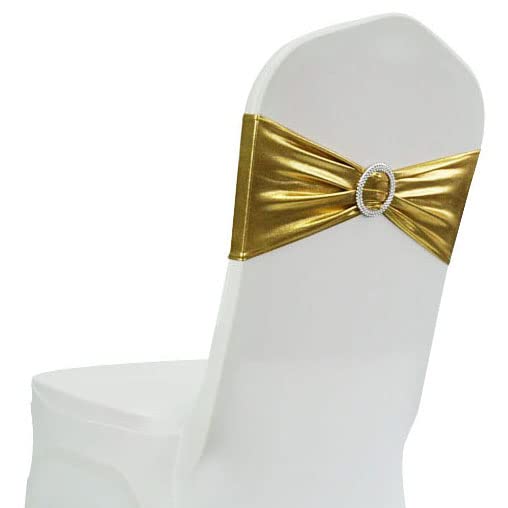 Image of Spandex Chair Sashes Bands, Metallic Gold, 30PCS | Stretch Chair Ties Bows, With Buckle Slider, For Wedding Party Banquet Decoration