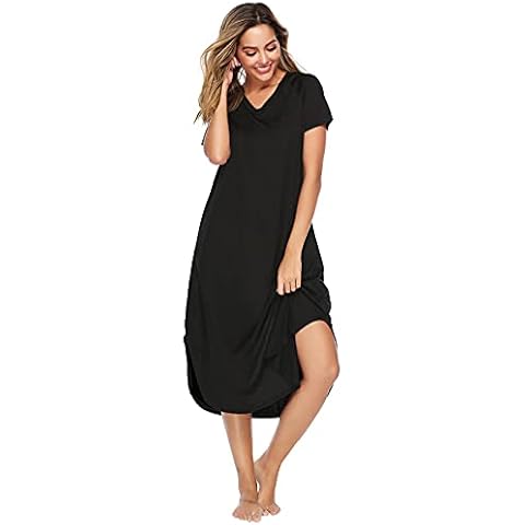 Nieery Cotton Nightdress for Women Short Sleeved, V Neck Long Nightshirts Sleepwear Night Dress (Black, XX-Large) Cover