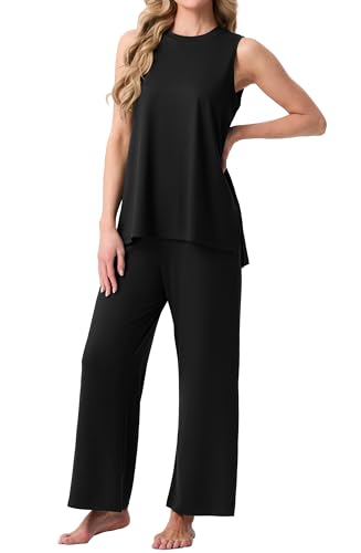 PrinStory Plus Size Womens Pajamas Sets 2 Piece Soft Pjs for Women Sleeveless Pajama Set Summer Loungewear with Pockets Black-4XL — view 2